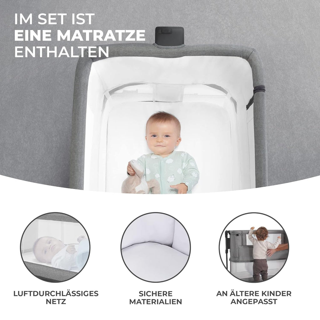 Kinderkraft NESTE GROW Lettino 3 in 1, Lettino da affiancare, Lettino da neonato dalla nascita fino a 2 anni, con materasso, borsa per il trasporto, ruote, regolazione dell'altezza a 5 livelli, angolo del materasso regolabile, Beige