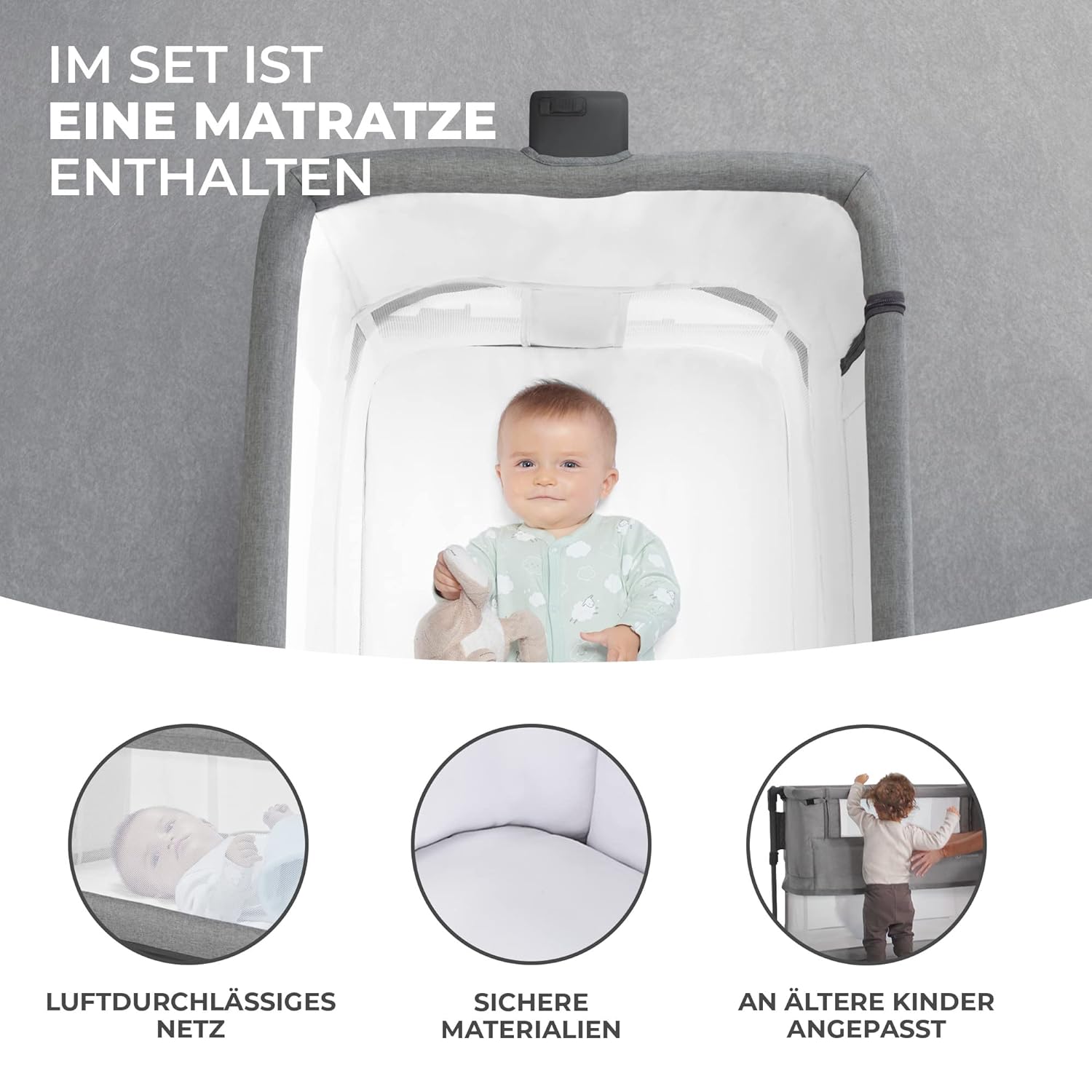 Kinderkraft NESTE GROW Lettino 3 in 1, Lettino da affiancare, Lettino da neonato dalla nascita fino a 2 anni, con materasso, borsa per il trasporto, ruote, regolazione dell'altezza a 5 livelli, angolo del materasso regolabile, Beige