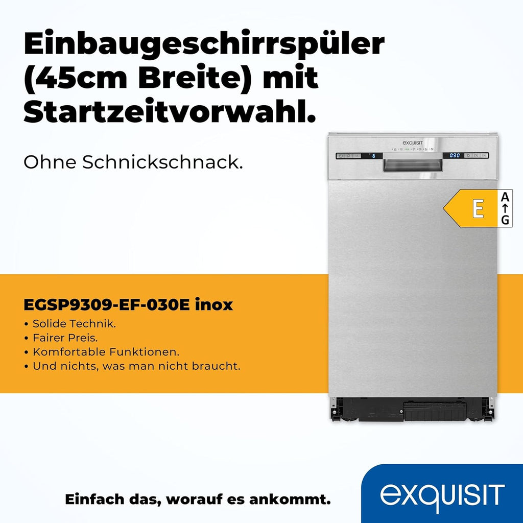 Lavastoviglie Exquisit, 45 cm di larghezza, parzialmente integrata, 9 coperti, 9 litri, partenza ritardata, modalità ECO, lavastoviglie 45 cm, EGSP51009-EB-030E inox