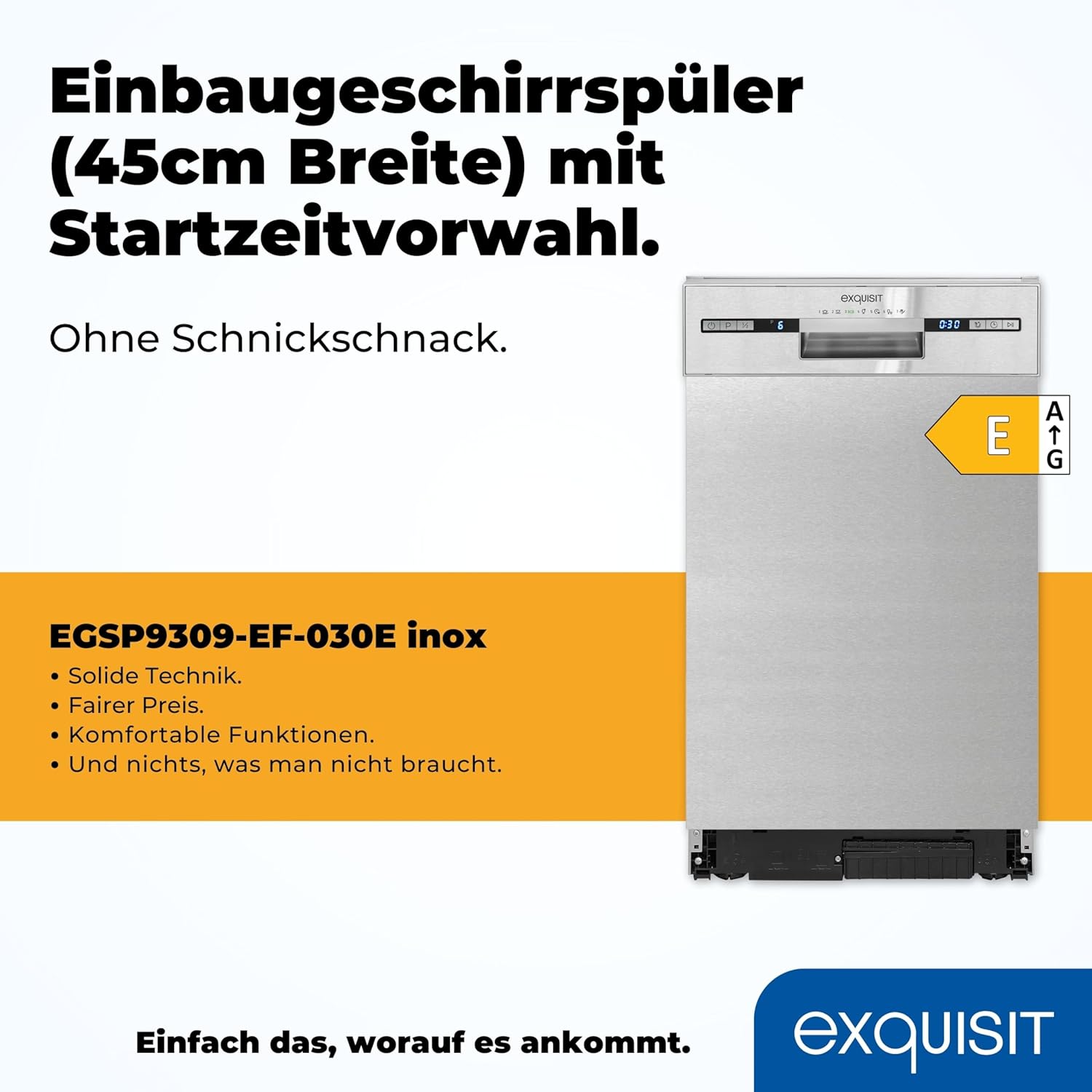 Lavastoviglie Exquisit, 45 cm di larghezza, parzialmente integrata, 9 coperti, 9 litri, partenza ritardata, modalità ECO, lavastoviglie 45 cm, EGSP51009-EB-030E inox