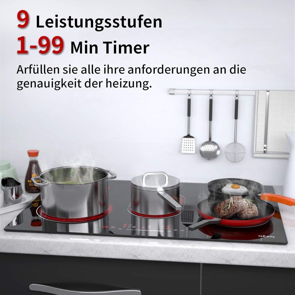 IsEasy 4 Zonen Einbau Induktionskochfeld mit 9 Leistungsstufen &1-99Min Timer, Boost-Funktion, Induktionskochplatte, Induktion Herdplatte mit 4 Platten, 60cm, 6800W, Schwarz