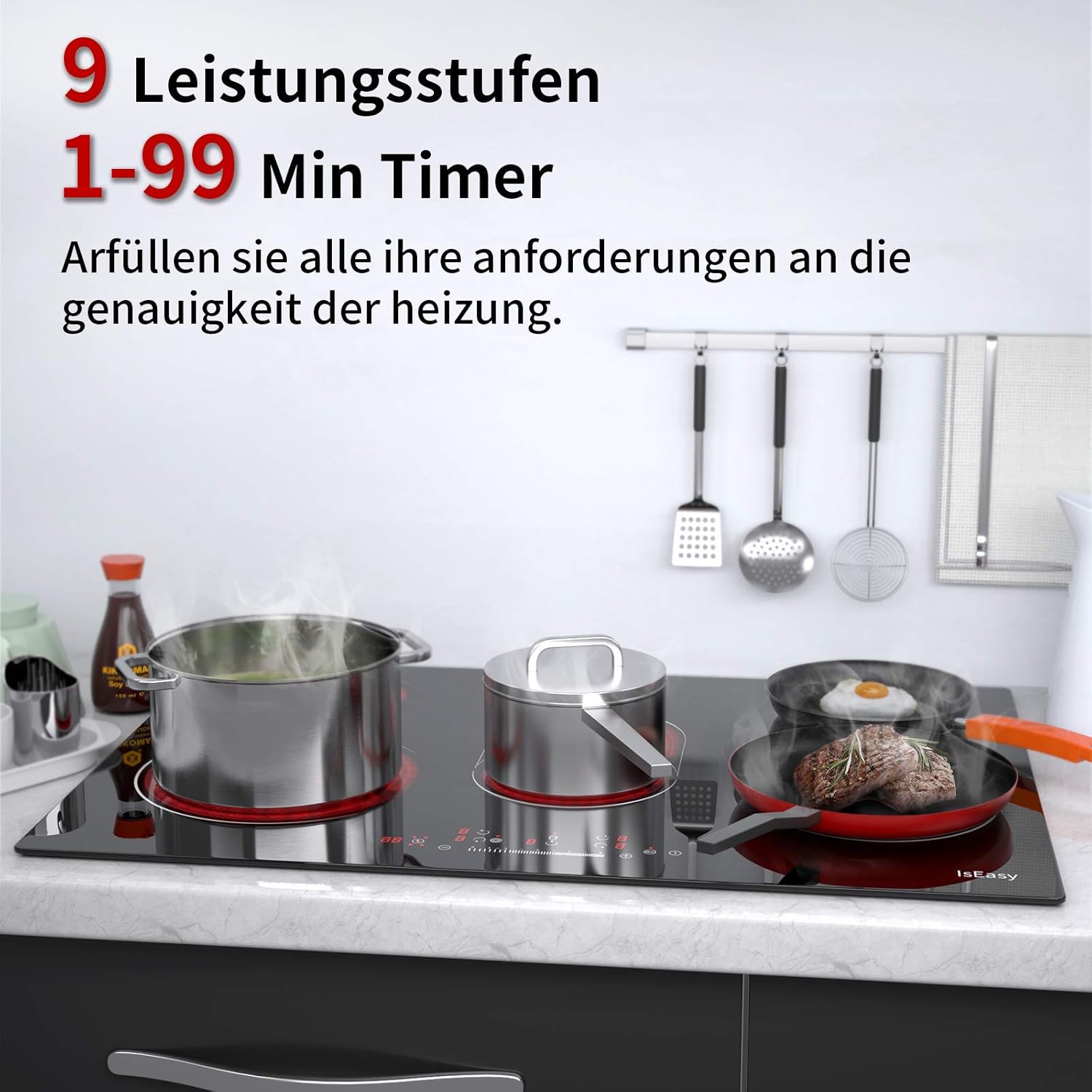 IsEasy 4 Zonen Einbau Induktionskochfeld mit 9 Leistungsstufen &1-99Min Timer, Boost-Funktion, Induktionskochplatte, Induktion Herdplatte mit 4 Platten, 60cm, 6800W, Schwarz
