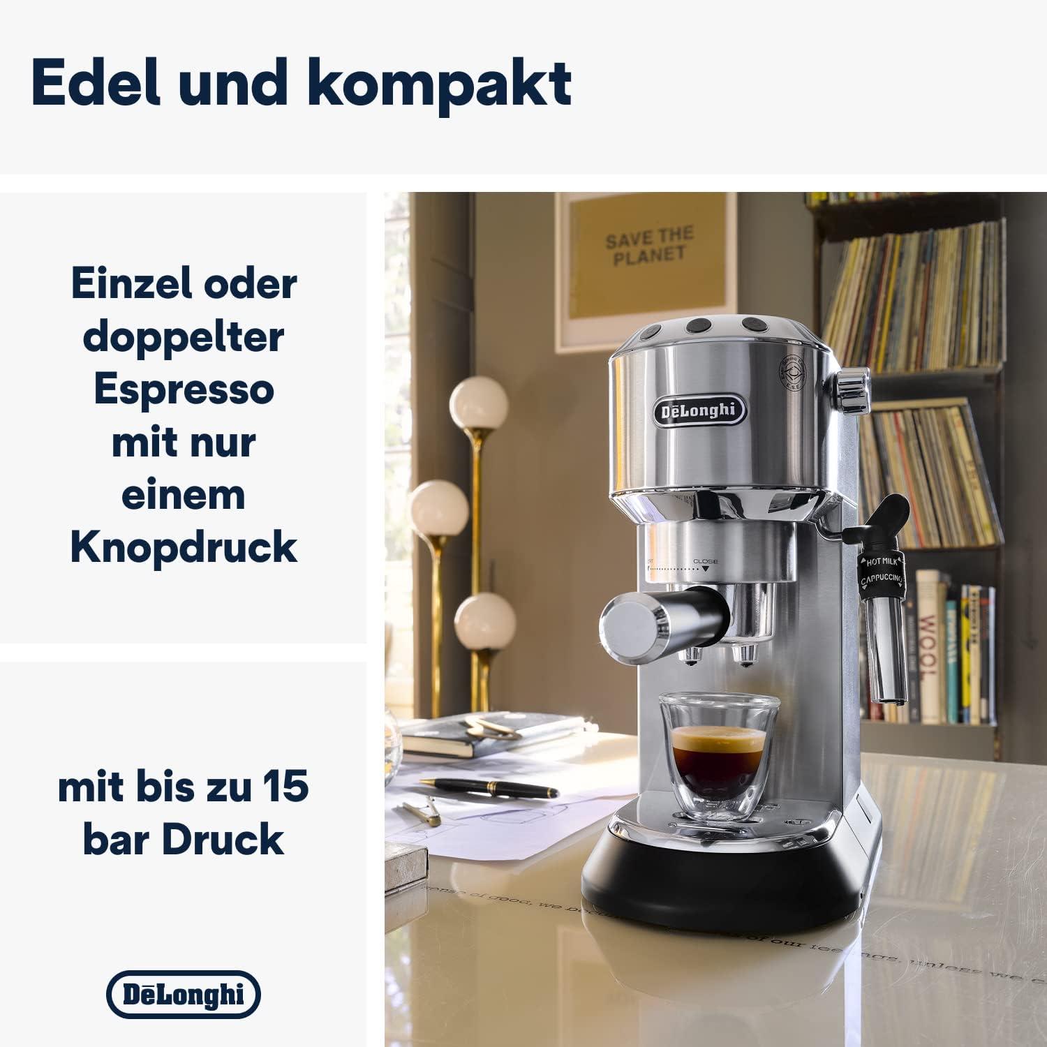 De'Longhi Dedica Style EC 685.M – Macchina da caffè espresso con portafiltro, con montalatte professionale, larga solo 15 cm, per caffè in polvere o cialde ESE, serbatoio dell'acqua da 1 l, argento