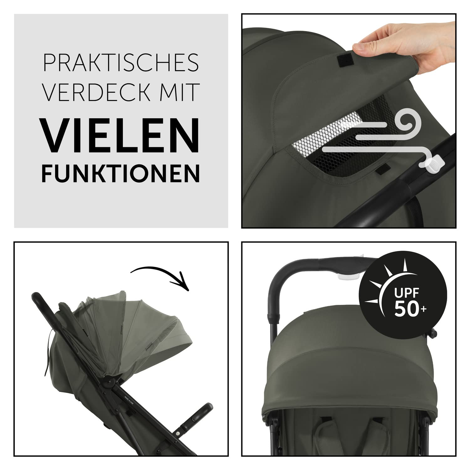 hauck Passeggino leggero Travel N Care per bambini dalla nascita fino a 22 kg con funzione reclinabile, ultraleggero - 6,9 kg, chiudibile con una mano, UPF 50+, ruote in EVA, cestino fino a 3 kg (Dark Olive)