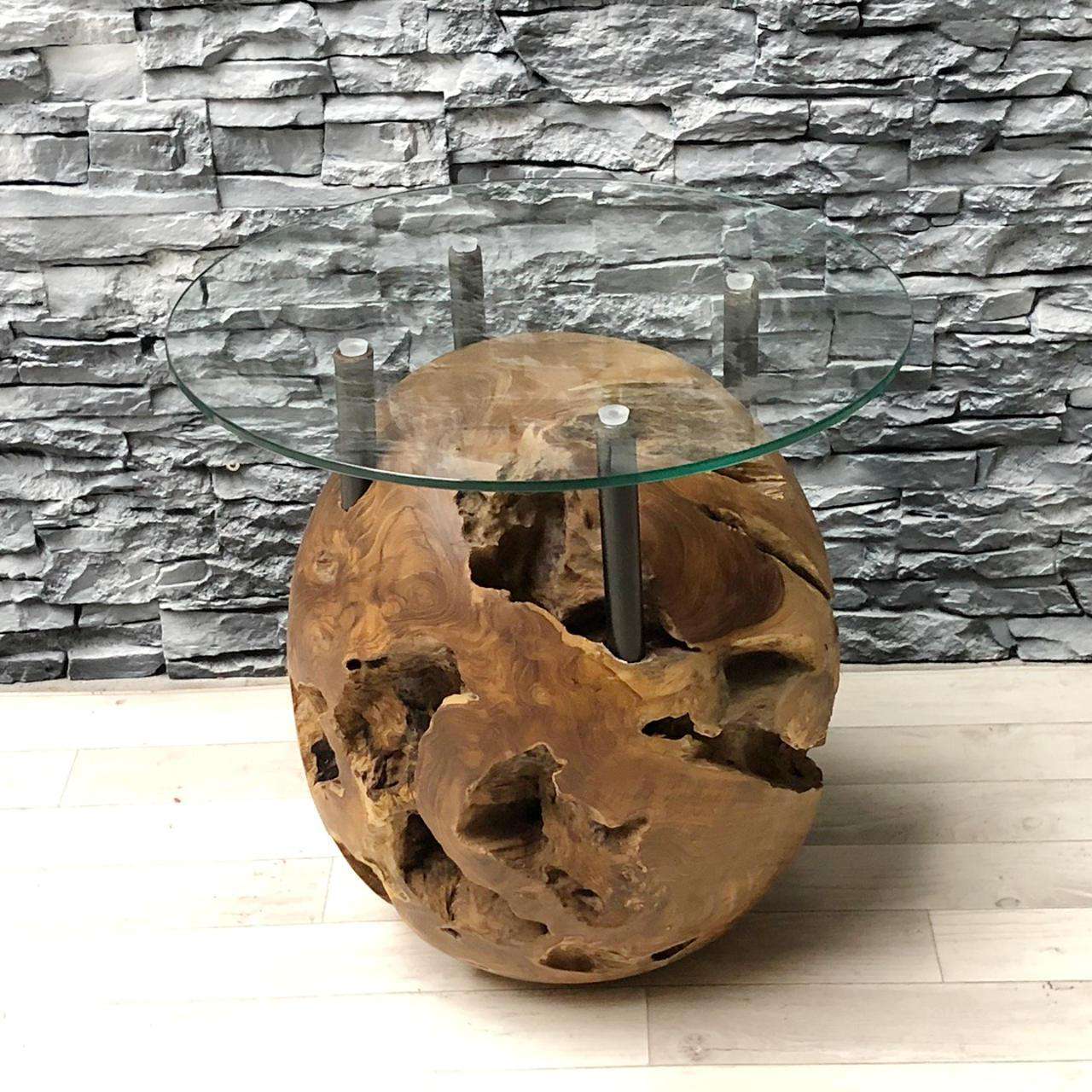 Teak Kugel Couchtisch ROCO inklusiv Glasplatte 50 cm