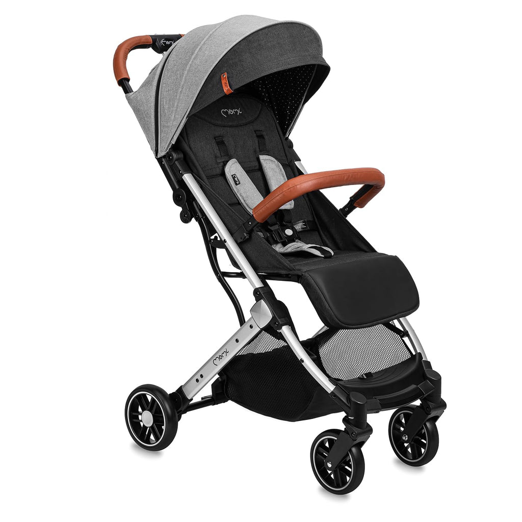 MOMI ESTELLE Kinderwagen für Kinder ab 6 Monat bis zu max körpergewicht von 15 kg, klappbar auf die Maße 65 x 51 x 21 cm, gewicht 7,5 kg, 5-Punkt-Sicherheitsgurt, koffer, grau-gold, Räder 6''/6,5''