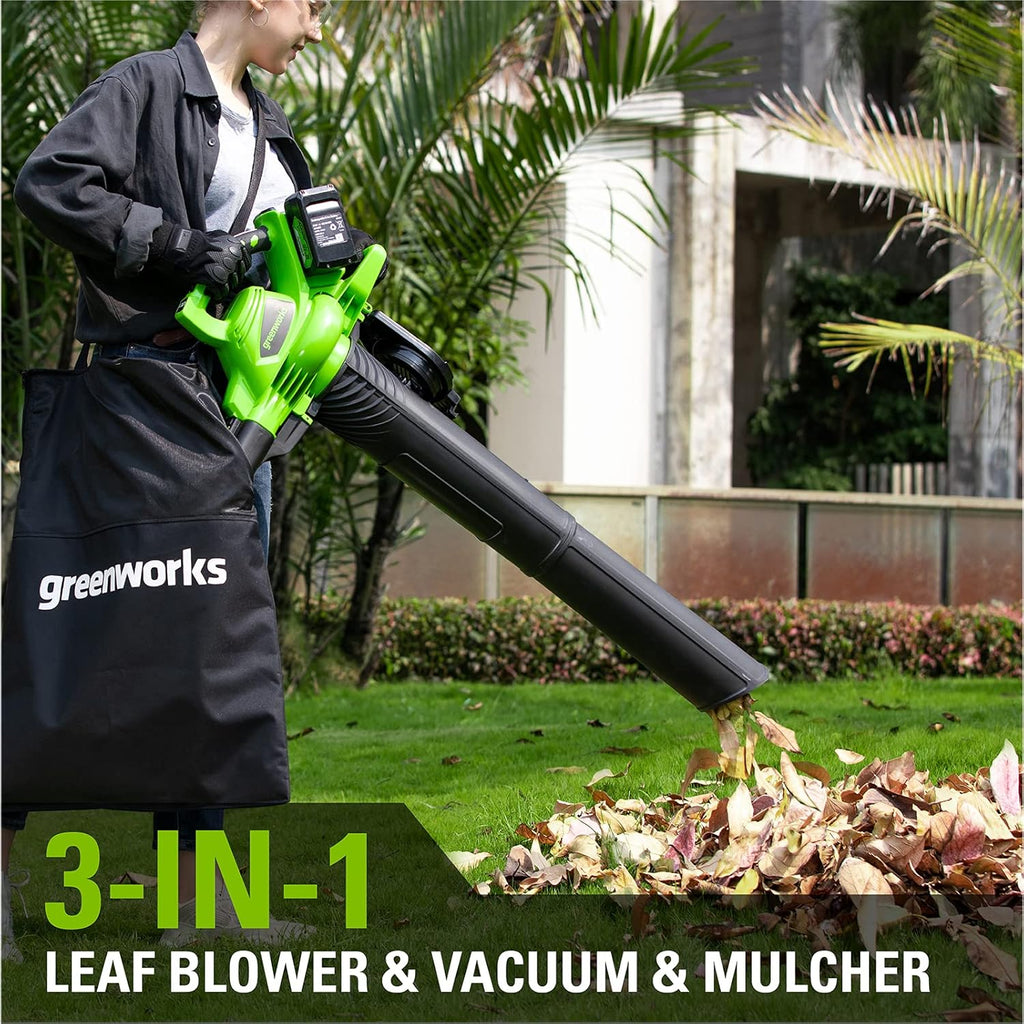Greenworks 48V(2x24V) Akku Laubsauger / Laubbläser mit Schultergurt, bürstenloser Motor, 322 km/h, 9 m³/min, 45L Fangsack, zwei 4Ah Batterien & Ladegerät, 3 Jahre Garantie GD24X2BVK4X