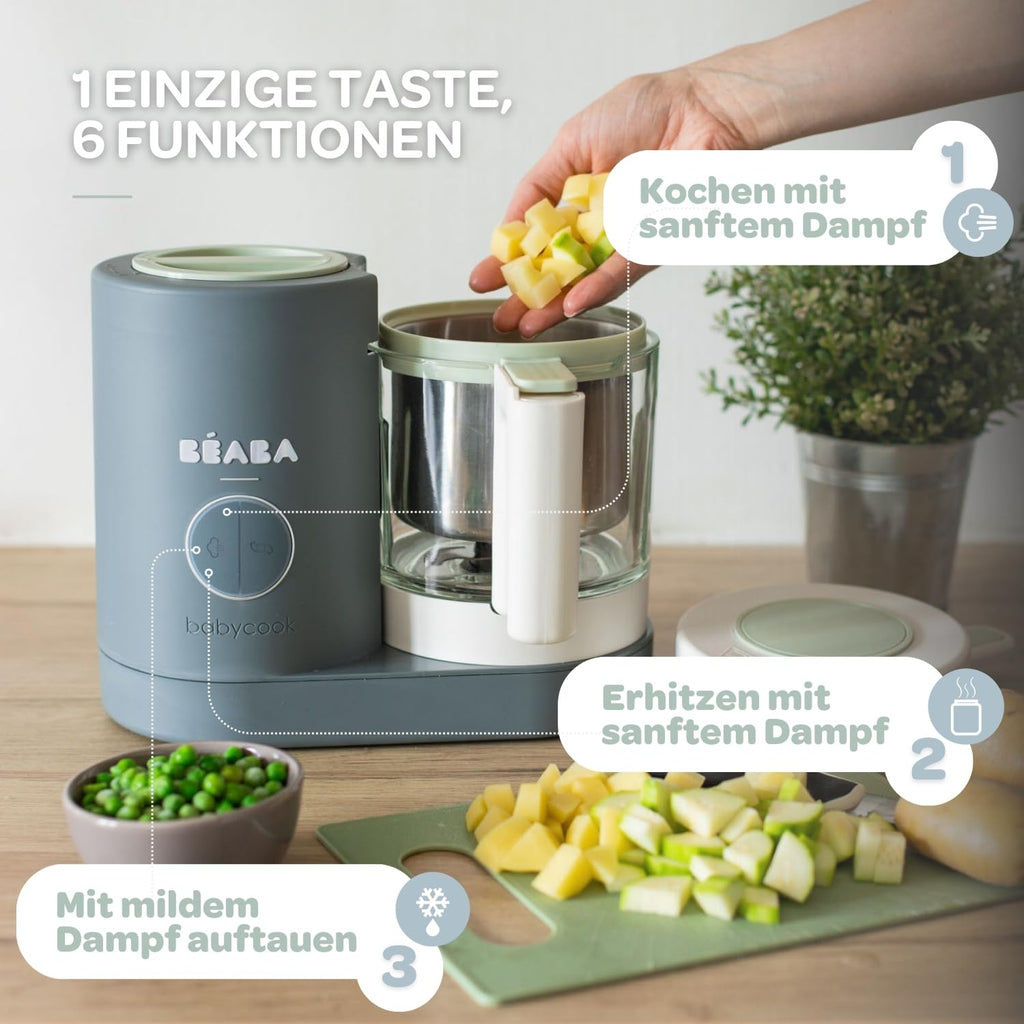 Béaba - Babycook Neo - 6 in 1 Babynahrungszubereiter - Schonender Dampfgarer - Glaskrug und Garkorb aus Edelstahl - Mineralgrau