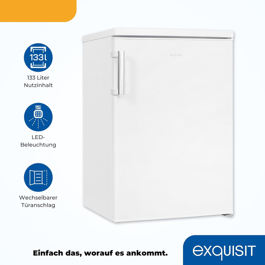 Exquisit Frigorifero senza scomparto congelatore, 133 litri, frigorifero a tutta capacità a libera installazione, cerniera porta reversibile, KS516-V-H-010D bianco