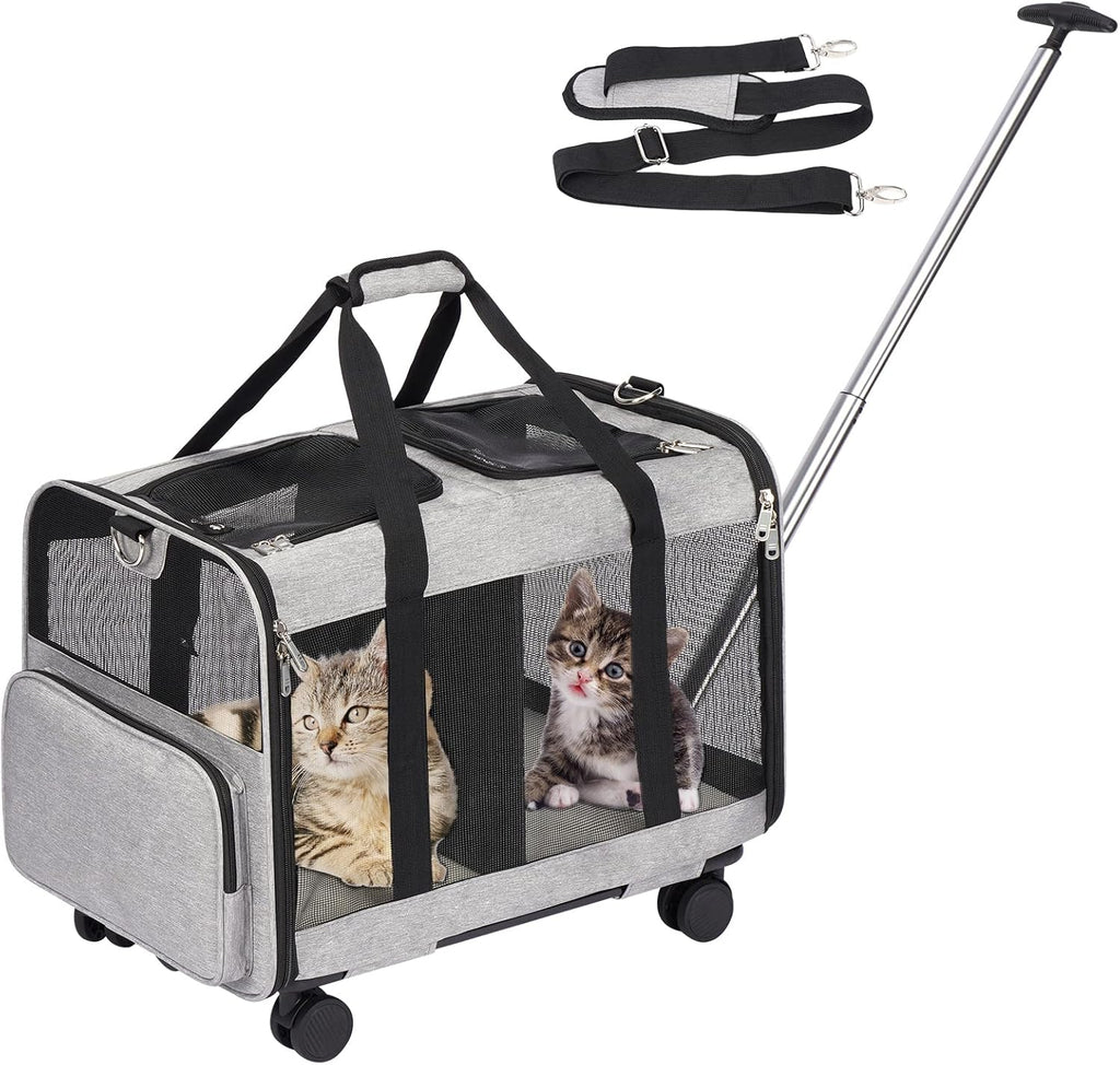 FASNATI Extra groe Doppel-Fach-Haustier-Tragetasche mit abnehmbaren Rdern für Katze/Hund, faltbare Rolltrage für 2 Katzen, Haustier-Katzen-Reisetrage für Spaziergnge/Camping, Grau