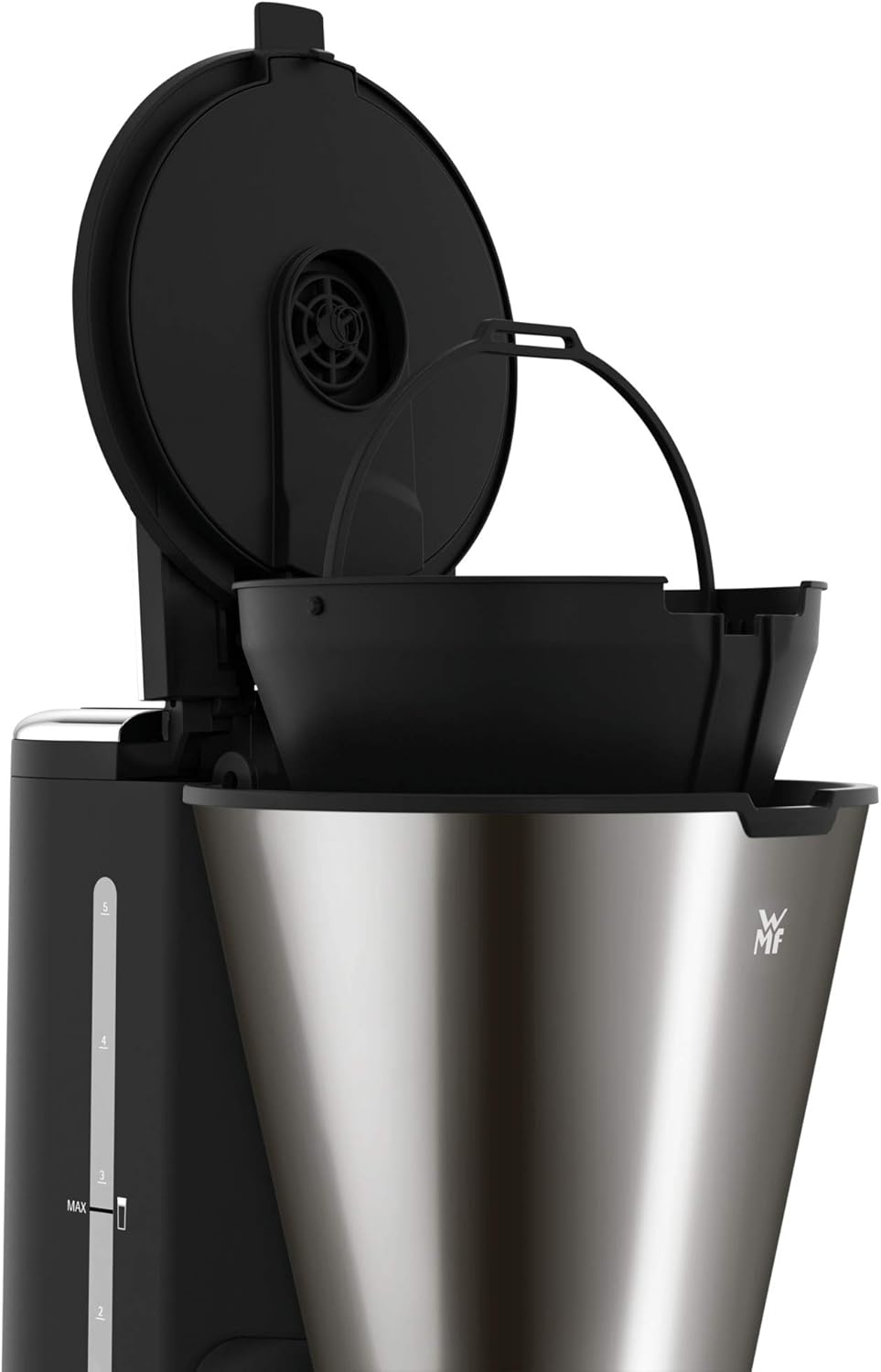 WMF Küchenminis Macchina da caffè con filtro Aroma, piccola, con caraffa termica, 870 Watt, tazza termica da asporto, macchina da caffè singola piccola con timer, cromargan opaco