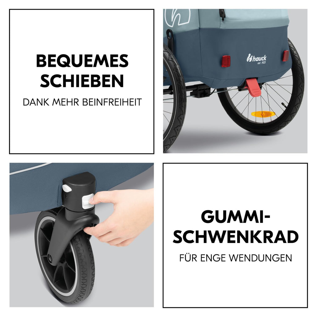 hauck Rimorchio Bici & Passeggino Dryk Duo Plus con Sospensioni, per 2 Bambini (6-48 mesi), incl. Timone, Ruota da Passeggino, Bandierina e Luce LED, Pieghevole, Regolabile in Altezza, Baule XL (Verde Scuro)