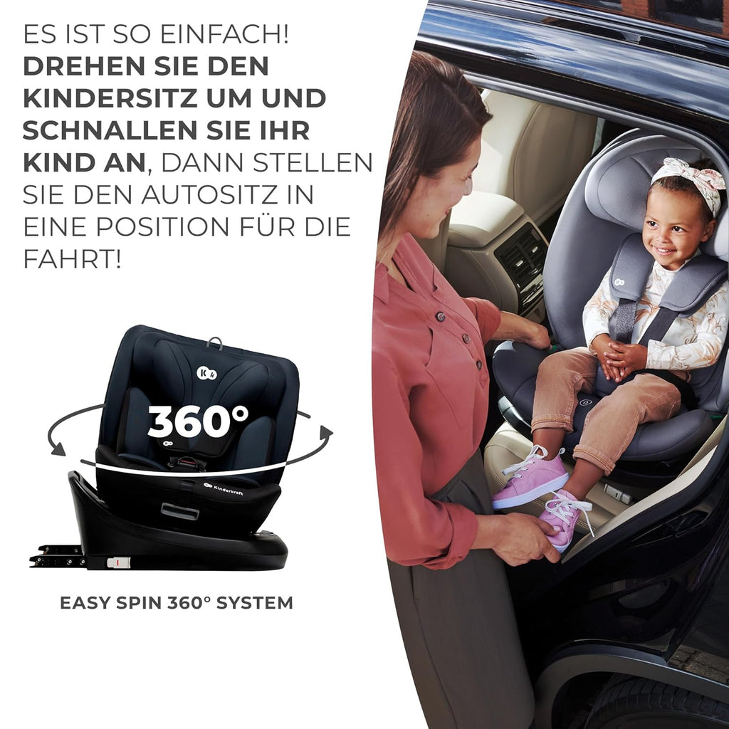 Kinderkraft I-GROW Kindersitz 0-36 kg, I-SIZE 40-150 cm, 360 grad drehbar, Kinderautositz mit Isofix station, FWF und RWF, Verstellbare Kopfstütze/Rückenlehne mit Liegeposition, Grau