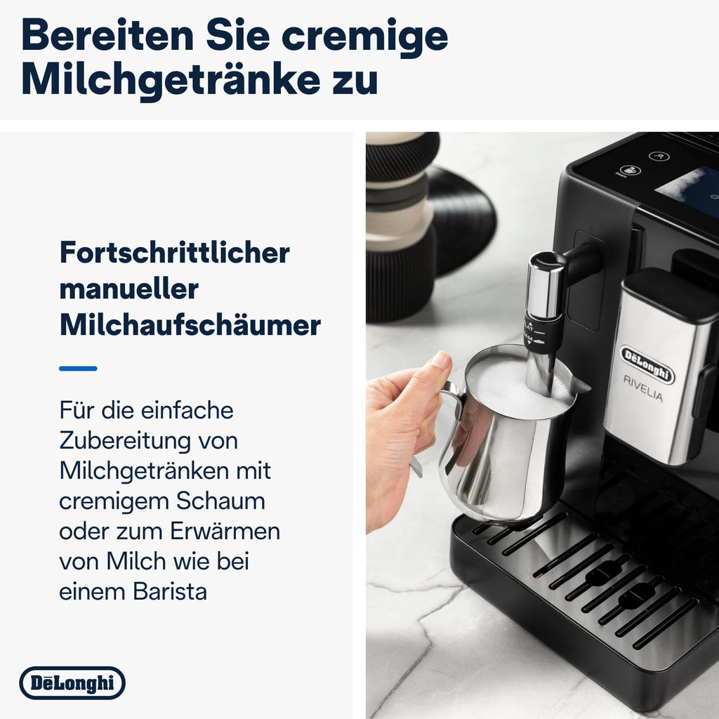 De'Longhi Rivelia EXAM440.55.W Macchina da Caffè Automatica con Sistema LatteCrema, Contenitore chicchi intercambiabile, 16 bevande caffè e latte con un solo tocco, Funzione Extra Shot, Display Touch da 3,5 pollici, Bianco