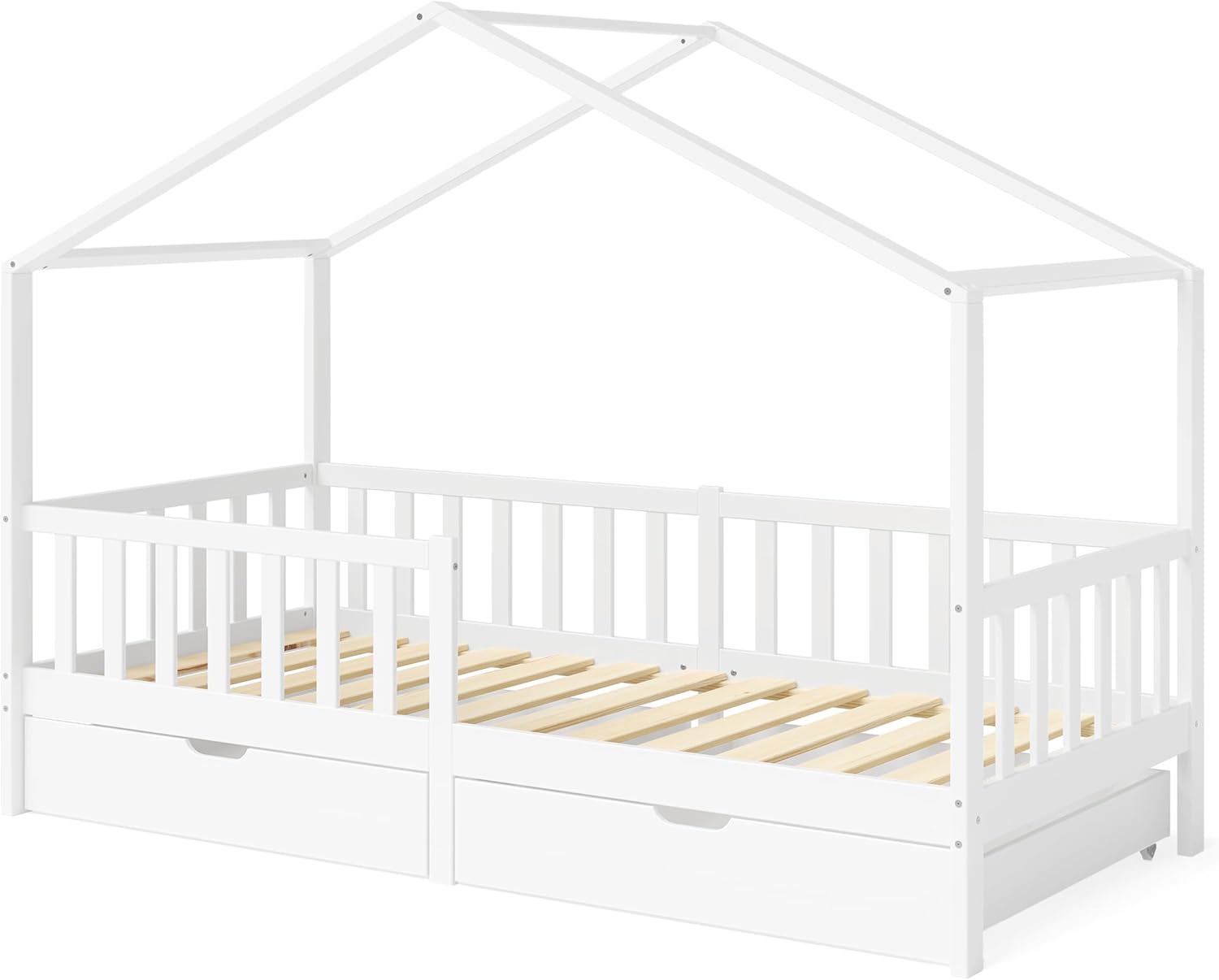 Bellabino Lettino per bambini Bia 140x200 cm, letto a capanna per bambini con protezione anticaduta e rete a doghe arrotolabile, letto a terra Montessori bianco in legno massello di pino