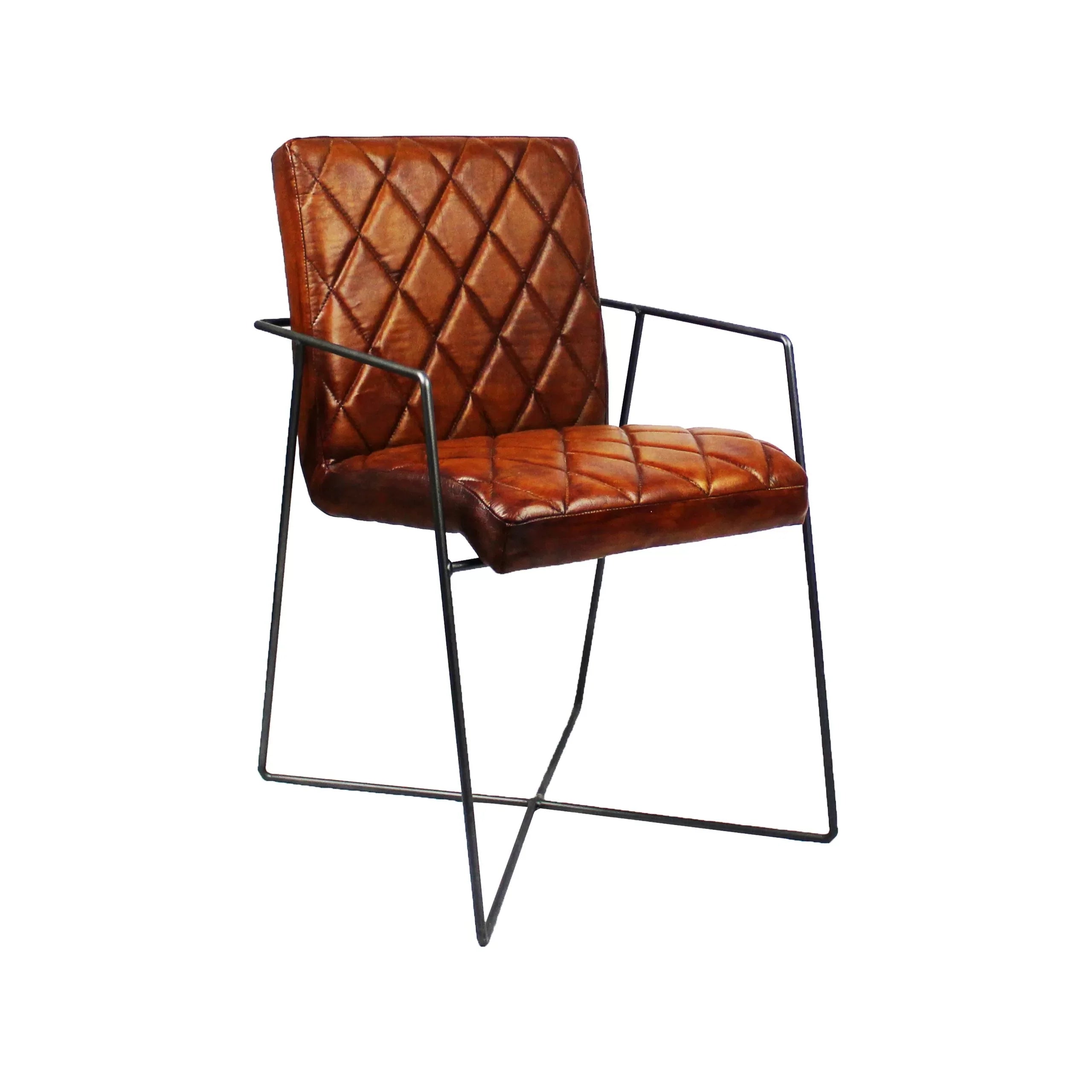 Sedia da pranzo Raoul in pelle di bufalo color cognac - base a croce con braccioli