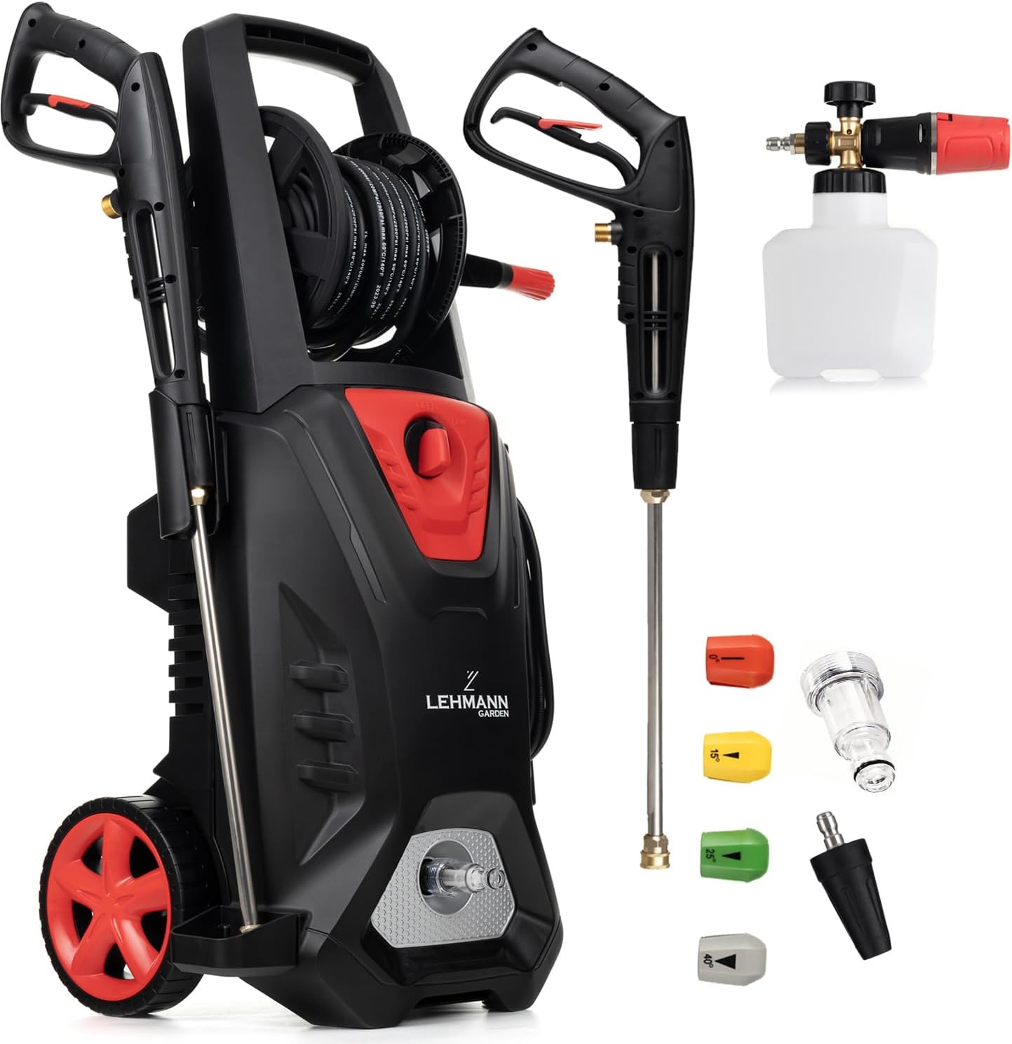 Lehmann LGAPW-3019 Idropulitrice Professionale con Motore a Induzione, 3000 W, Funzione di Aspirazione, Portata 492 l/h, Tubo da 12 Metri, Pulitore per Superfici Compatto con Serbatoio Detergente e Accessori