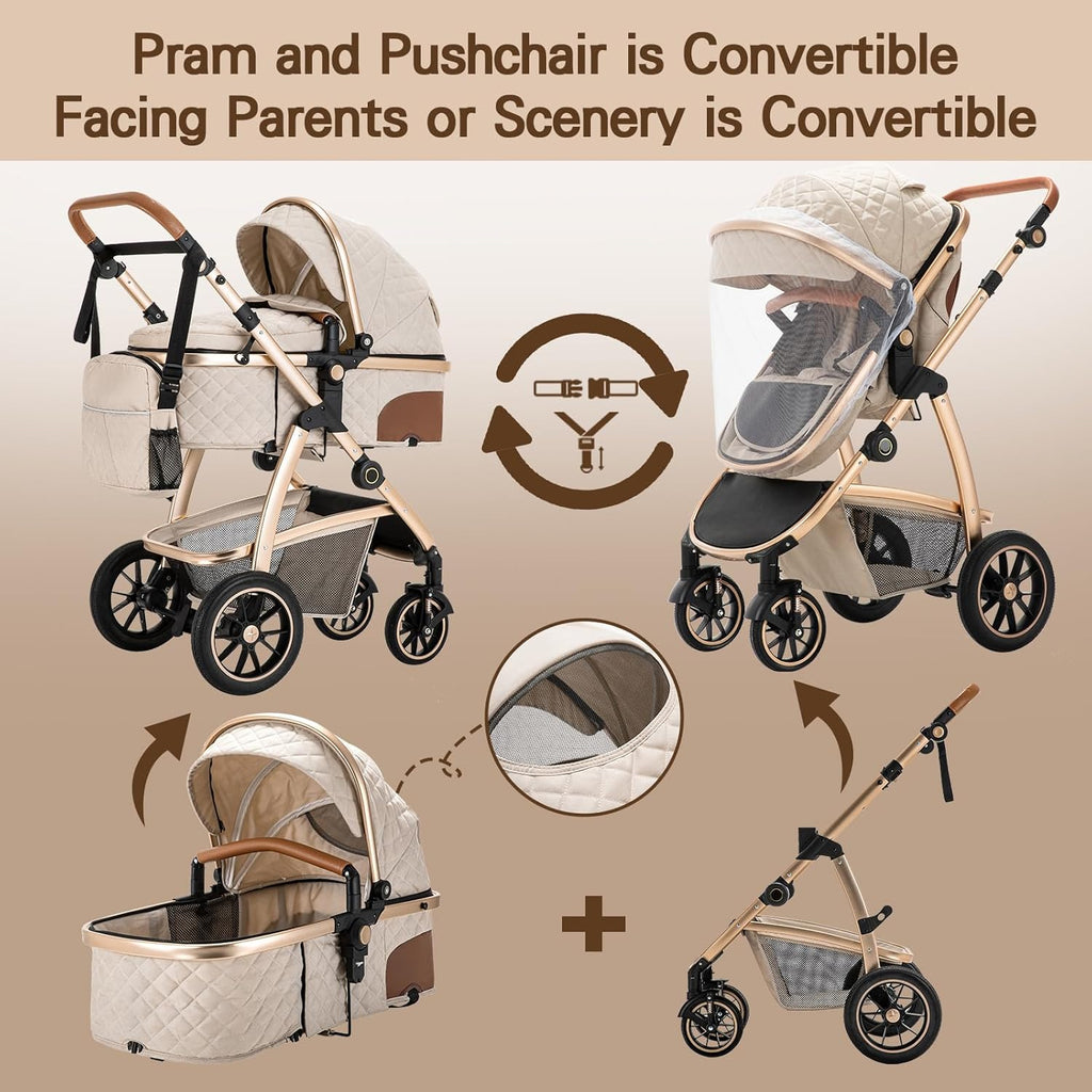 Gcarebb Passeggino 3 in 1, Buggy con Ovetto, Set Completo Passeggino Regolabile in Altezza, Passeggino Combinato con Telaio in Alluminio per Neonati 0-4 Anni
