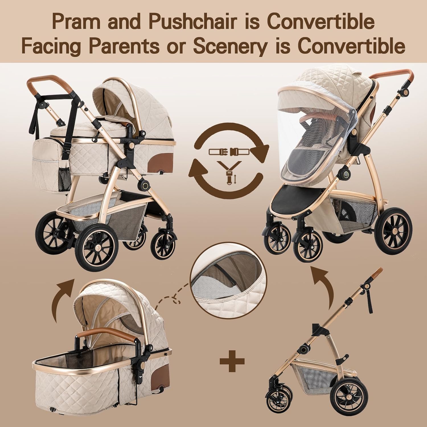 Gcarebb Passeggino 3 in 1, Buggy con Ovetto, Set Completo Passeggino Regolabile in Altezza, Passeggino Combinato con Telaio in Alluminio per Neonati 0-4 Anni