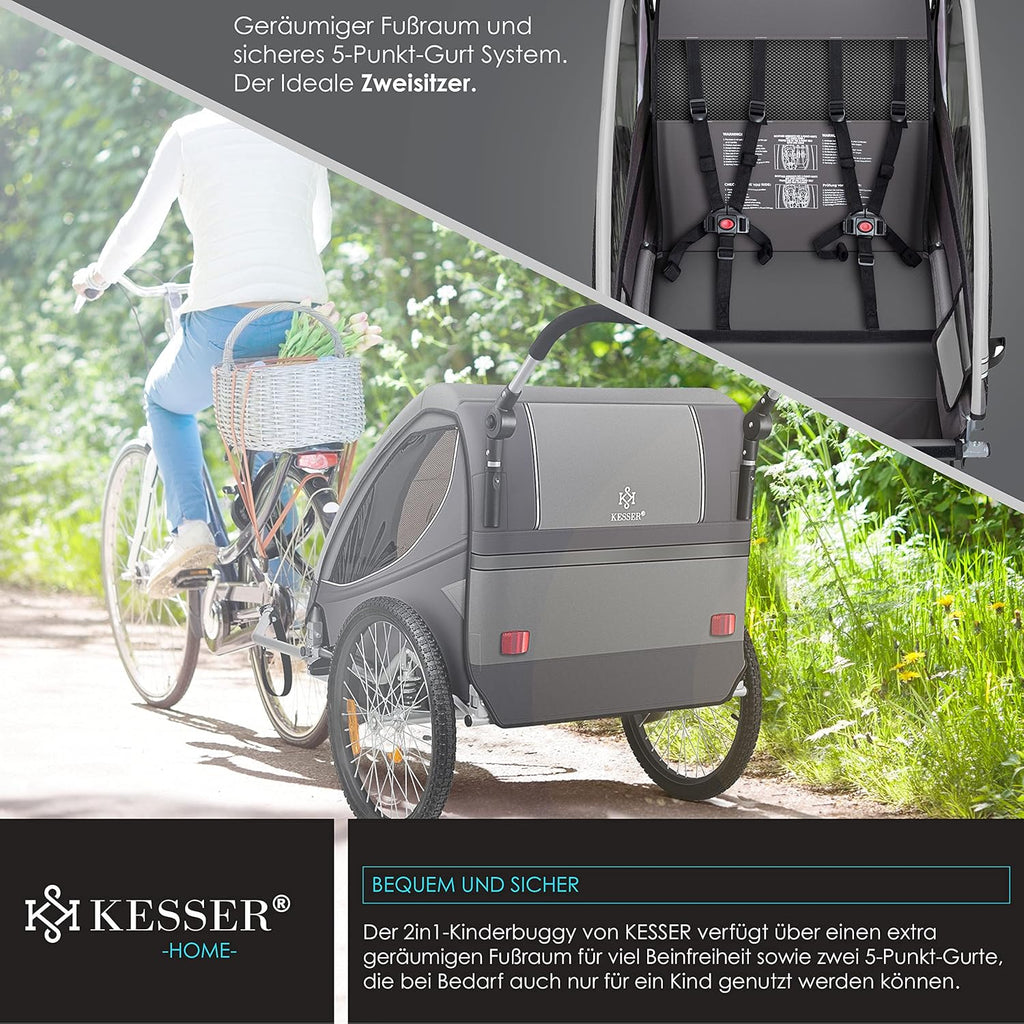 KESSER® Kinderanhänger Fahrradanhänger 360° Drehbar mit Federung 2in1 Joggerfunktion Kinderfahrradanhänger + 5-Punkt Gurt Jogger Fahrrad Anhänger für 1 bis 2 Kinder max. 40kg Inkl. Warnfahne, Schwarz