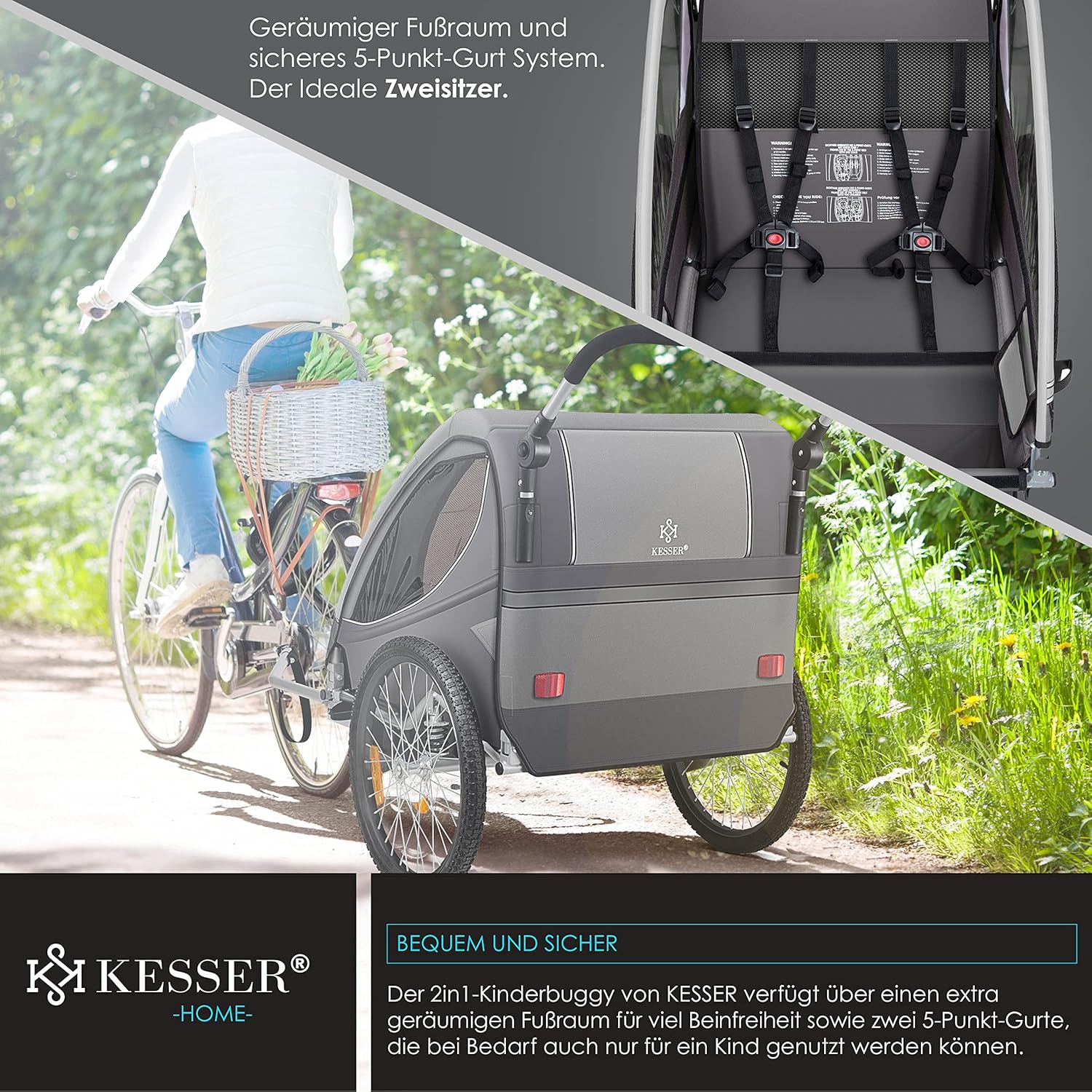 KESSER® Kinderanhänger Fahrradanhänger 360° Drehbar mit Federung 2in1 Joggerfunktion Kinderfahrradanhänger + 5-Punkt Gurt Jogger Fahrrad Anhänger für 1 bis 2 Kinder max. 40kg Inkl. Warnfahne, Schwarz