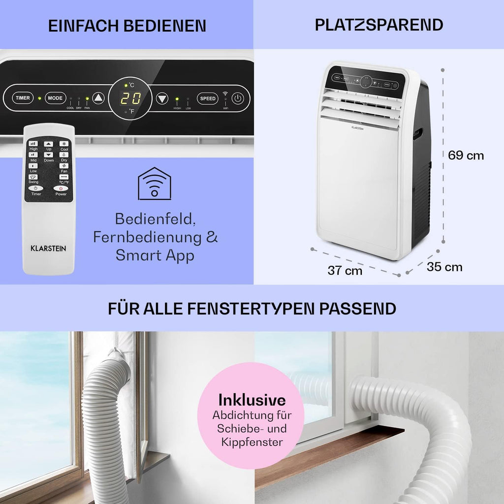 Klarstein Climatizzatore Portatile con Tubo di Scarico, Condizionatore 4-in-1 con Ventilatore, Deumidificatore e Modalità Notturna, Piccolo e Portatile per Casa e Ufficio, Controllo tramite App, 12000 BTU