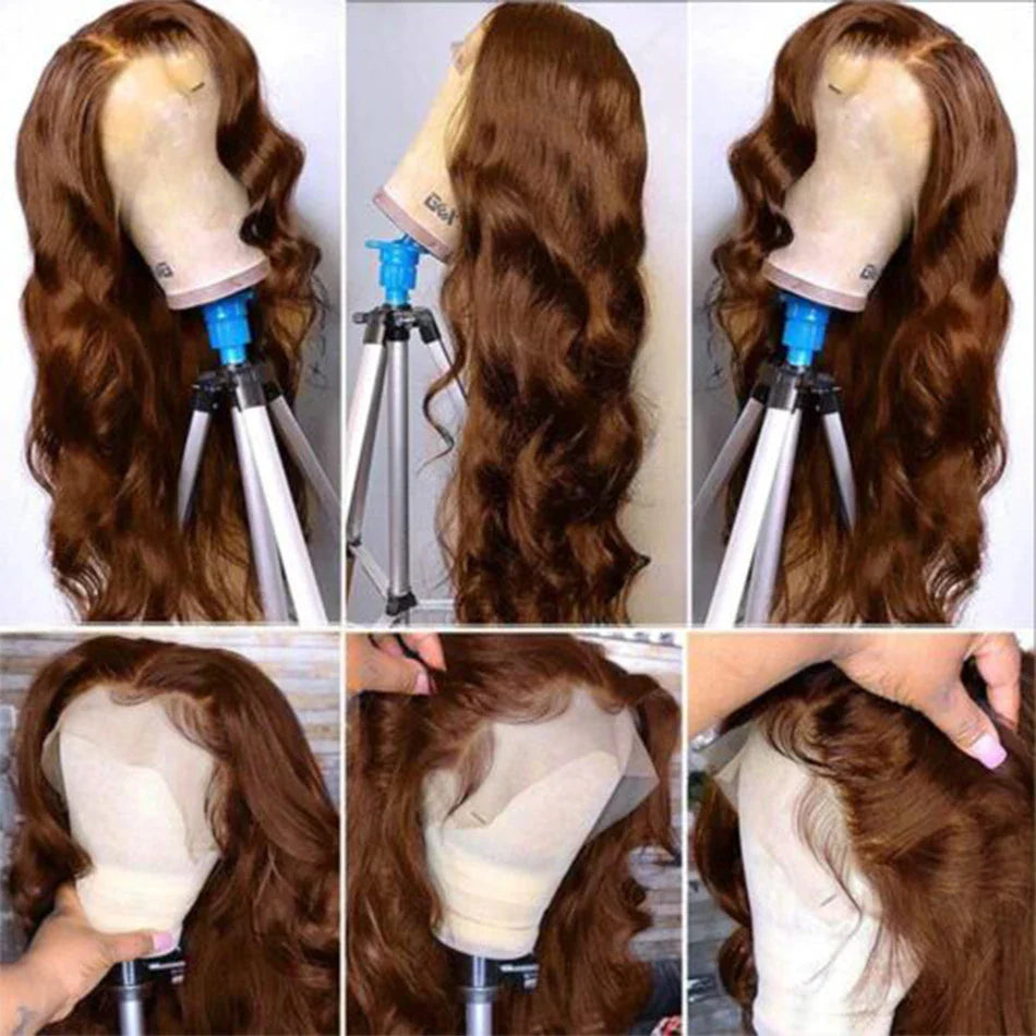Parrucca con pizzo frontale HD 13x4 ondulata in capelli umani, pre-sfoltita, per donne nere, parrucca in pizzo brasiliano vergine #4 marrone scuro