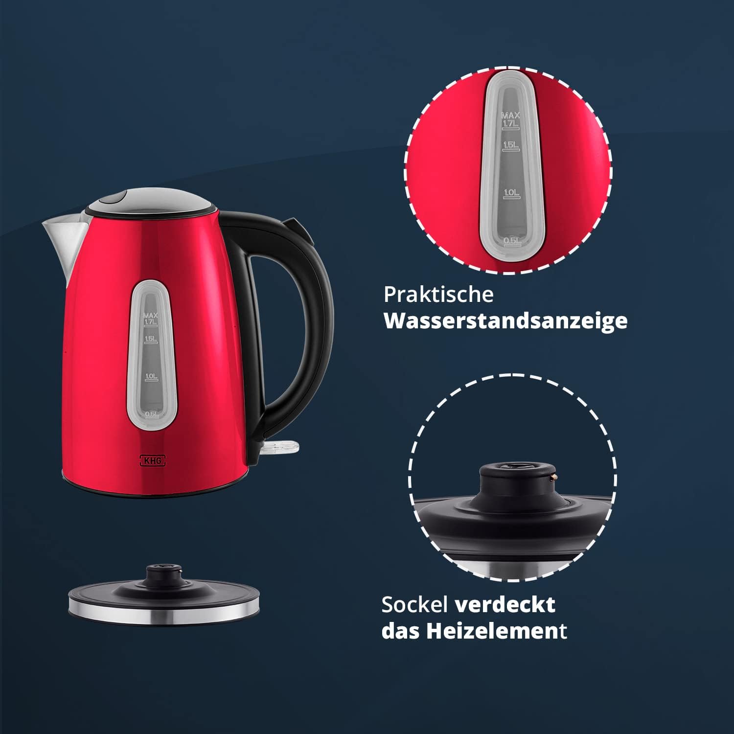 KHG Frühstücksset Wasserkocher, Toaster & Kaffeemaschine in Rot, Edelstahl Metallic Chrom, 1,7l Kapazität, 2 Toast Scheiben & 12 Tassen Kaffee, Kontrollleuchten, Wasserstandsanzeigen, Permanentfilter