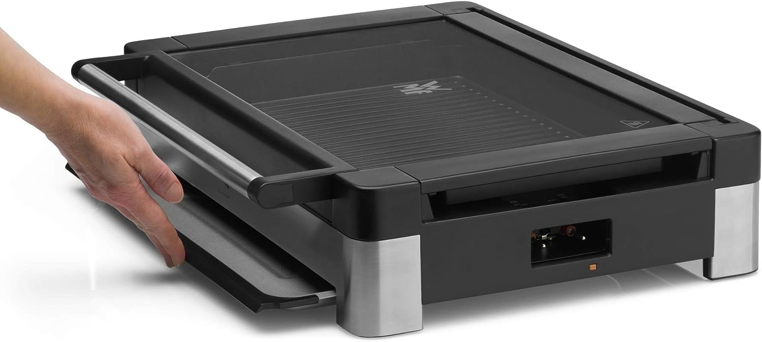 WMF Lono Barbecue elettrico da tavolo con coperchio in vetro, piastra rivestita, vaschetta raccogli-grasso rimovibile, lavabile in lavastoviglie, acciaio inox opaco, 2200 Watt