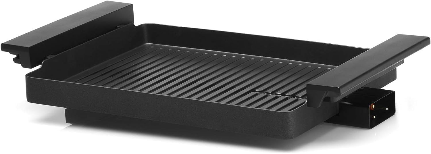 WMF Lono Barbecue elettrico da tavolo con coperchio in vetro, piastra rivestita, vaschetta raccogli-grasso rimovibile, lavabile in lavastoviglie, acciaio inox opaco, 2200 Watt