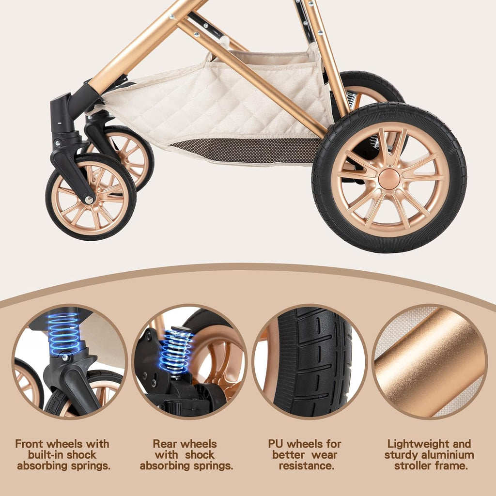 Gcarebb Passeggino 3 in 1, Buggy con Ovetto, Set Completo Passeggino Regolabile in Altezza, Passeggino Combinato con Telaio in Alluminio per Neonati 0-4 Anni