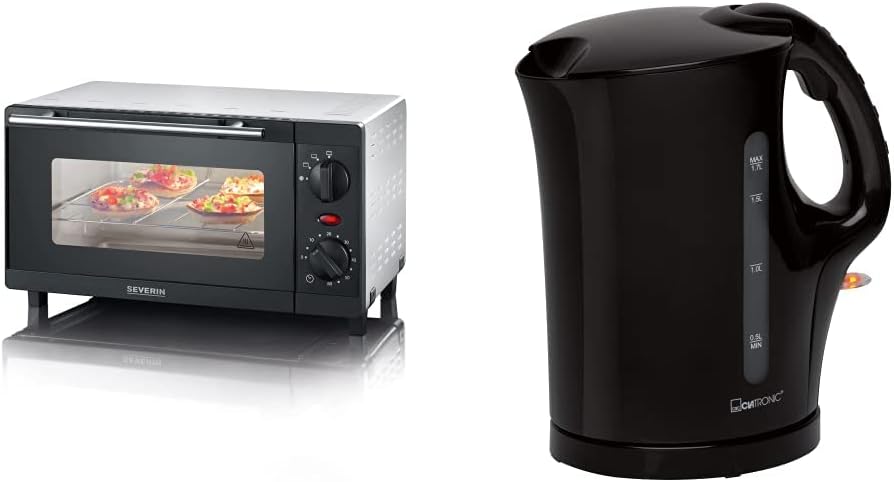 SEVERIN TO 2052 Forno tostapane (800 W, incl. griglia e teglia da forno, 9 L) argento/nero e 2287-000 Tostapane automatico, incl. supporto per panini, 2 fessure, 700 W, AT 2287, nero