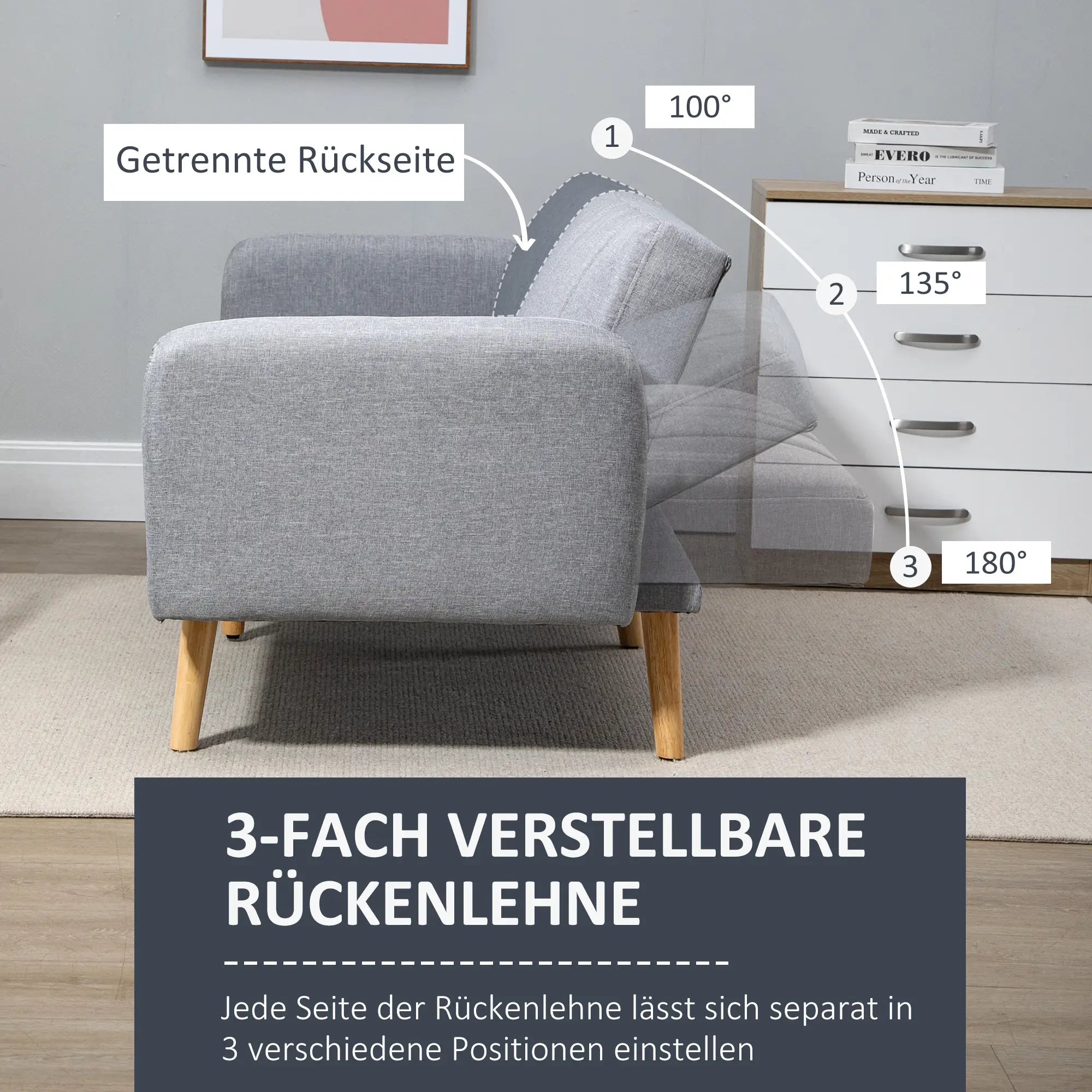 HOMCOM Schlafsofa 2-Sitzer verstellbare Rückenlehne Gästezimmer hellgrau