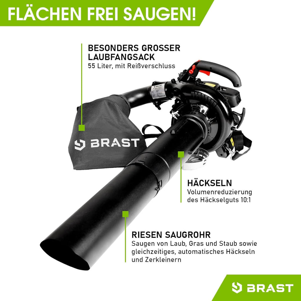 BRAST® Aspiratore Soffiatore per Foglie a Benzina 1,0kW(1,36PS) | Sacco di Raccolta da 55L | incl. 2 Tubi Soffiatori, Tracolla & Impugnatura Anti-Vibrazione | Funzione 4in1 | Velocità di Soffiatura 73 m/s