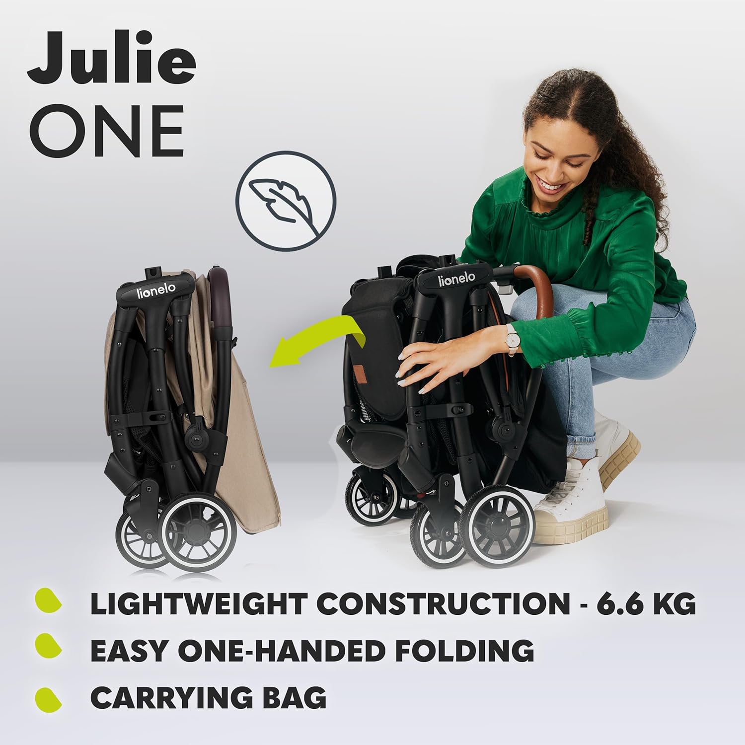 LIONELO Julie One Passeggino da 0 a 22 kg, schienale e poggiagambe regolabili, zanzariera, coprigambe, portabicchieri e borsa da trasporto, pieghevole