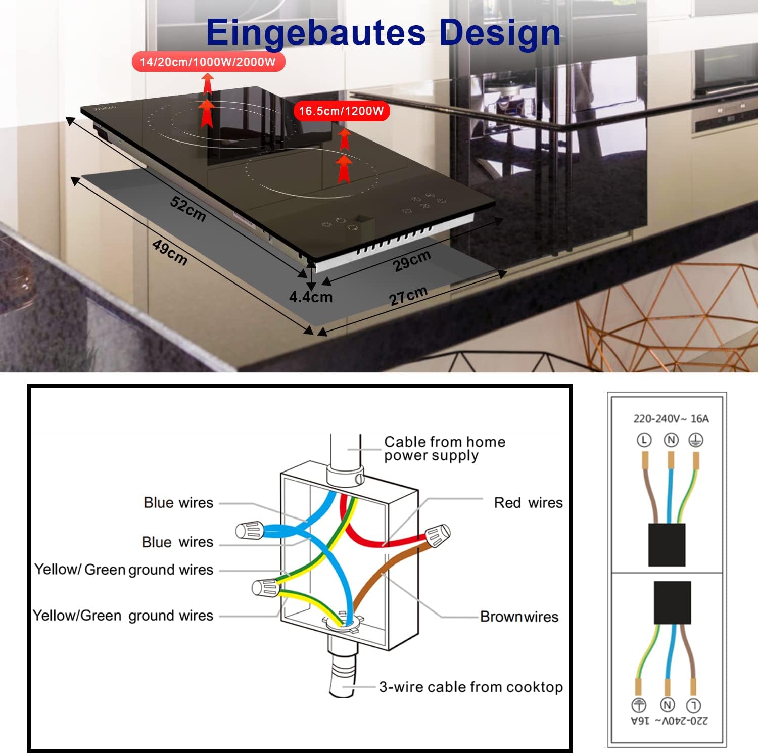 Piano cottura in vetroceramica a 4 zone, sensore touch, controllo autonomo, 60cm, 6000W, 9 livelli di potenza, cablato, senza spina