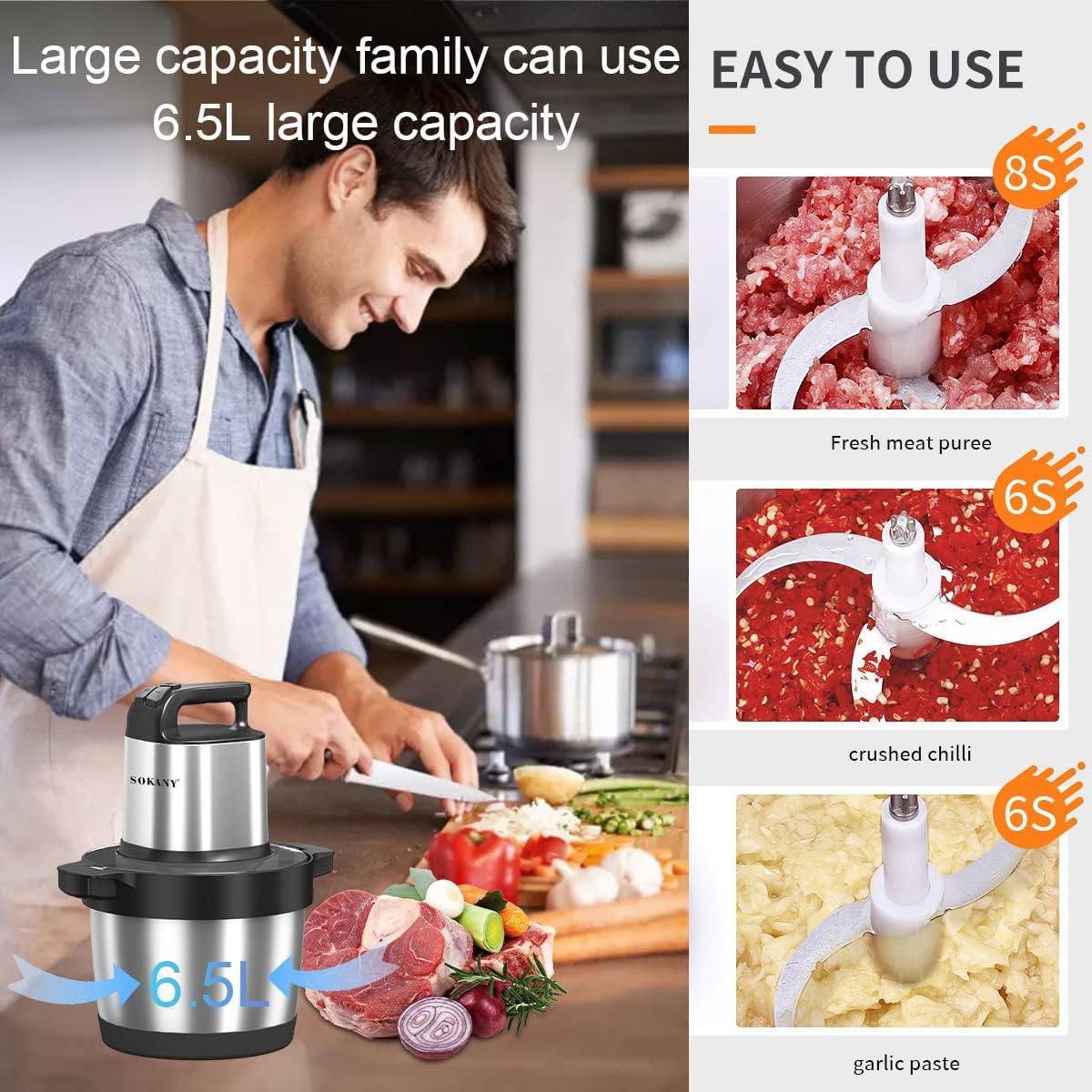 SOKANY Tritacarne Elettrico da Cucina 1500W con Ciotola in Acciaio Inox da 6,5L, Tritatutto con 3 Livelli di Velocità, Robot da Cucina con 4 Lame per Carne, Cipolle, Frutta, Verdura