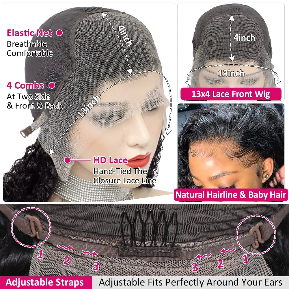 Ricci Naturali Splendidi - Parrucche Frontali in Pizzo 13x4 a Onda d'Acqua in Capelli Veri, Pre-Pizzicate con Baby Hair per Donne Nere (Colore: #1B)