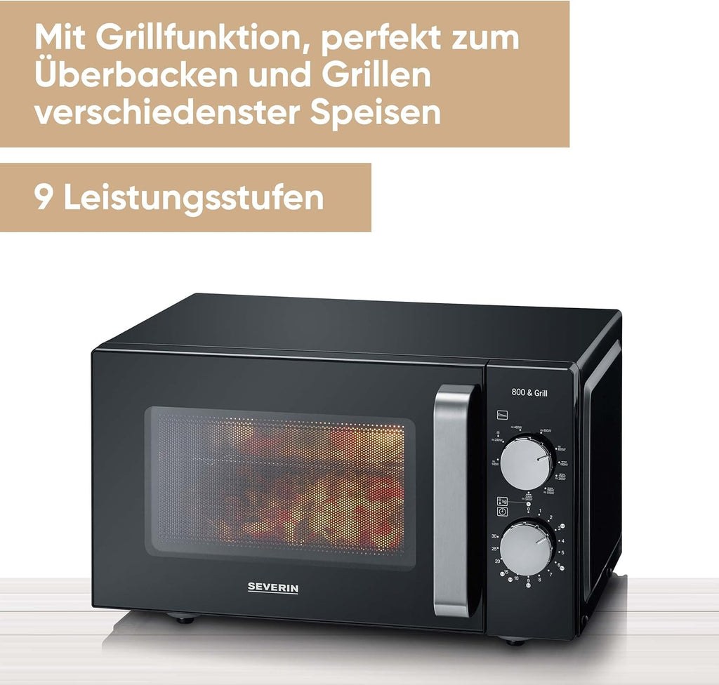 SEVERIN 2-in-1 Mikrowelle mit Grill 800 W, Grillofen mit 25 L Kapazitt und 9 Leistungsstufen, Mikrowelle mit Grillrost und Drehteller, silber, MW 7785