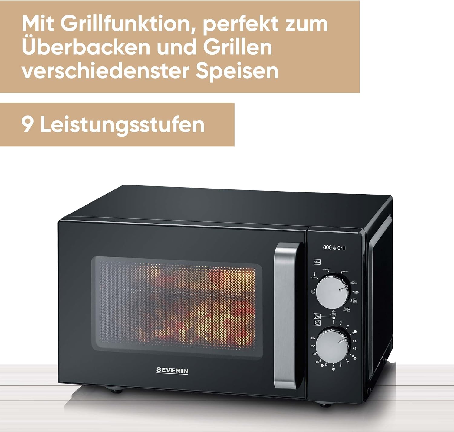 SEVERIN 2-in-1 Mikrowelle mit Grill 800 W, Grillofen mit 25 L Kapazitt und 9 Leistungsstufen, Mikrowelle mit Grillrost und Drehteller, silber, MW 7785