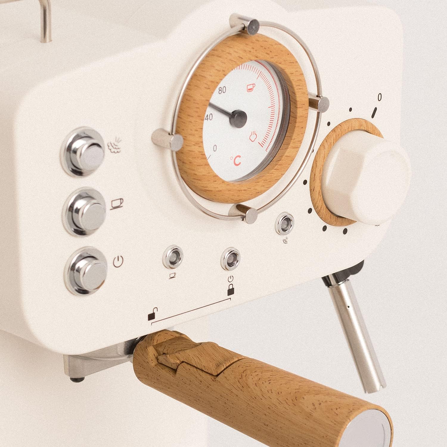 CREATE / THERA RETRO/Macchina da caffè espresso semiautomatica Rosa Pastello Opaco e Legno / Pompa a pressione 20bar, 1100W, Serbatoio acqua 1.25L, per caffè macinato, cialde ESE 55mm, con vaporizzatore, 1100W