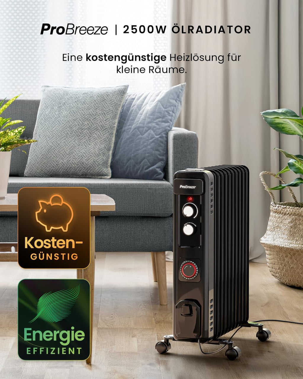 Pro Breeze Radiatore a Olio 2500W con 11 Elementi Riscaldanti, Stufetta Elettrica, Timer 24h, Termosifone Elettrico a Basso Consumo, 3 Livelli di Potenza, Termostato Regolabile e Funzione di Spegnimento di Sicurezza