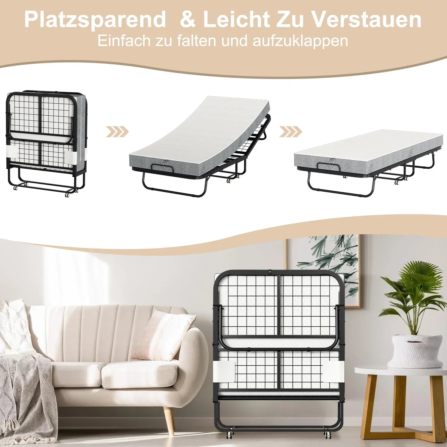 Sonnewelt Letto Pieghevole 90x200cm con spessore di 13cm e rotelle