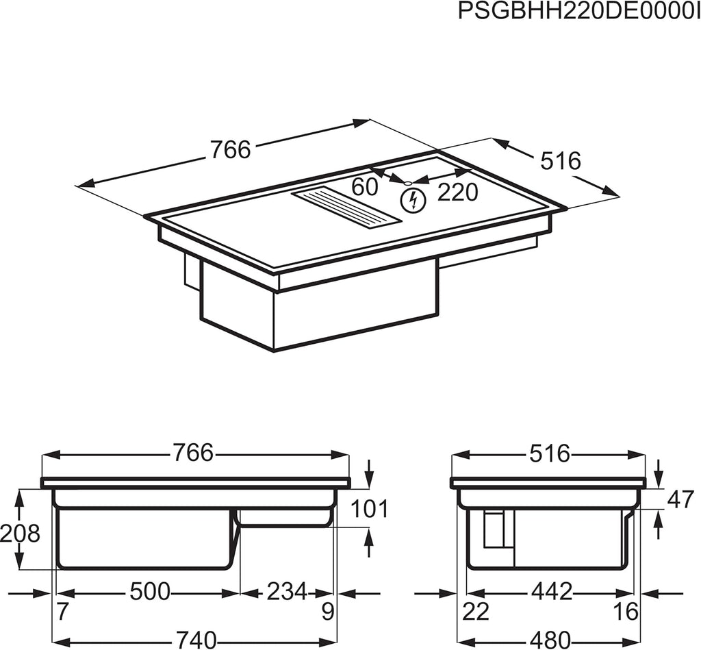 AEG piano cottura a induzione autonomo 80cm con cappa integrata / Prodotto in Germania / 4 zone cottura Flexi con funzione Bridge (combinazione di 2 zone) / Funzione automatica della cappa / Filtro a carbone attivo / COLI84COXB