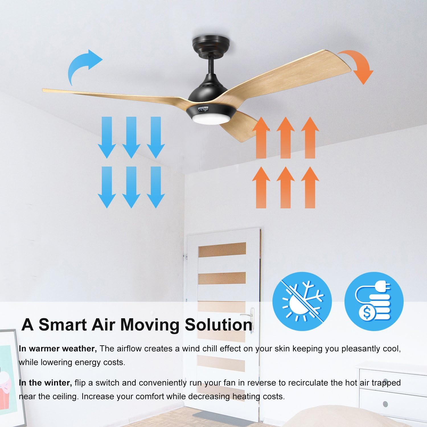 reiga Ventilatore da soffitto WiFi 132 CM con illuminazione a LED dimmerabile e telecomando, 3 temperature di colore, motore DC 6 velocità, compatibile con l'App Alexa Google Home, legno e marrone