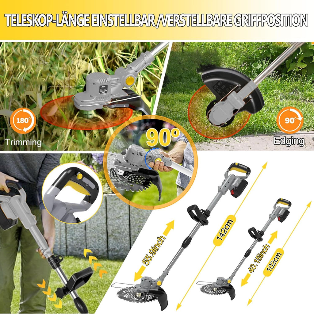 Akku Rasentrimmer mit Akku und Unkrautbürste 4 in 1 Freischneider mit Unkrautbürste 21V Bürstenloser Freischneider, Elektro Motorsense mit 2 Akku 4.0Ah und Ladegerät Teleskop, Verstellbarer, Orange