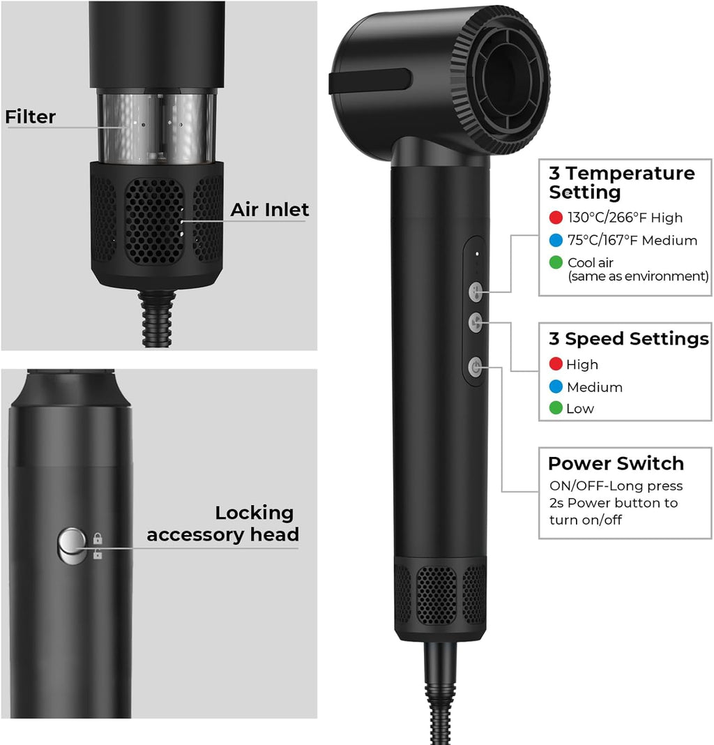 Asciugacapelli Air Styler 7 In 1, Motore ad Alta Velocità 110000 giri/min, Spazzola ad Aria Calda Con 7 Accessori, Asciugare, Lisciare, Arricciare, Dare Volume, Massaggiare il Cuoio Capelluto, Cura Ionica (Bianco)