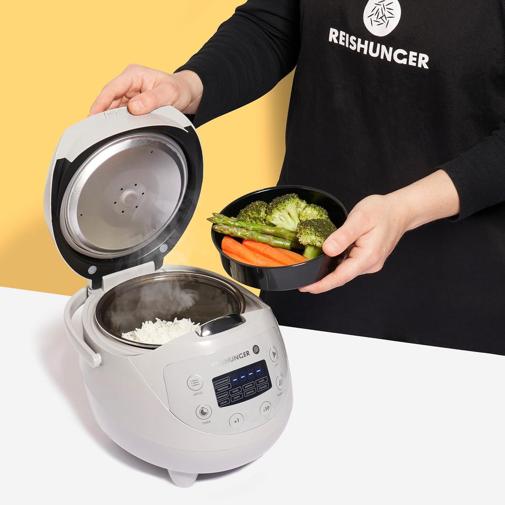 REISHUNGER Cuociriso digitale piccolo, nero | Da 0,6 L fino a 3 persone | Funzione mantenimento calore, timer e pentola premium | Multicooker e vaporiera piccoli, 8 programmi, tecnologia a 7 fasi