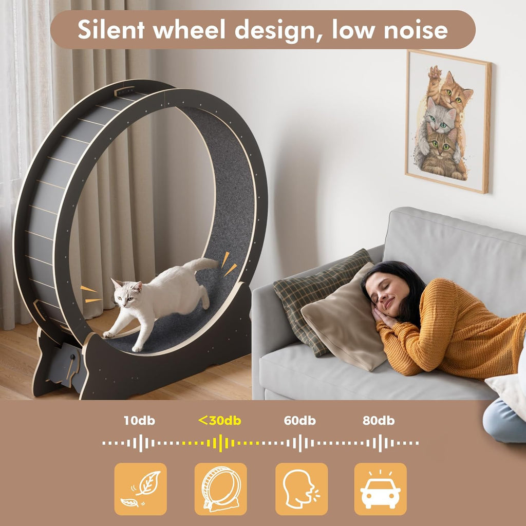 Mondeer Ruota per gatti da interno, tapis roulant da 110 cm con tappeto rimovibile, ruota da corsa in legno per gatti di taglia piccola, media e grande, attrezzo per fitness e perdita di peso, nero