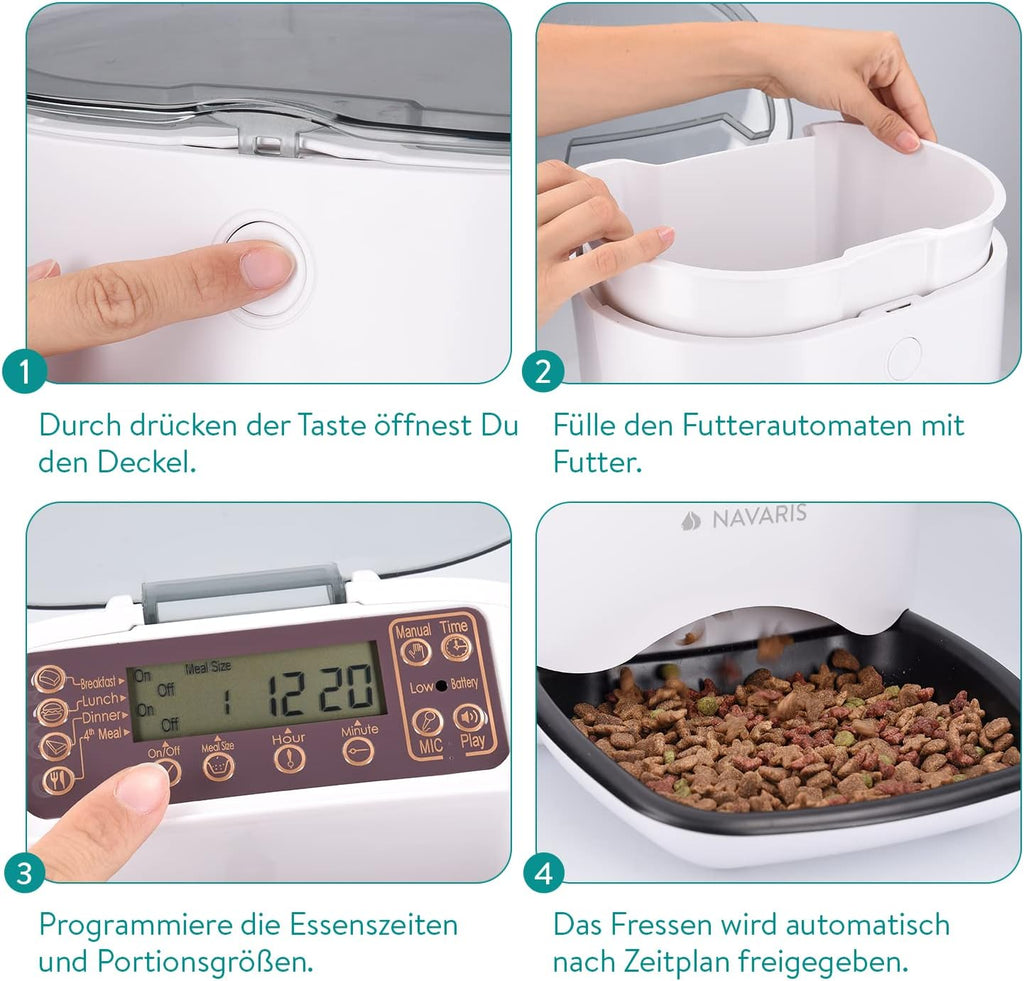 Navaris Distributore Automatico di Cibo con Timer - Ciotola per Alimenti Automatica da 6L con Timer e Notifica Sonora - per Cane e Gatto